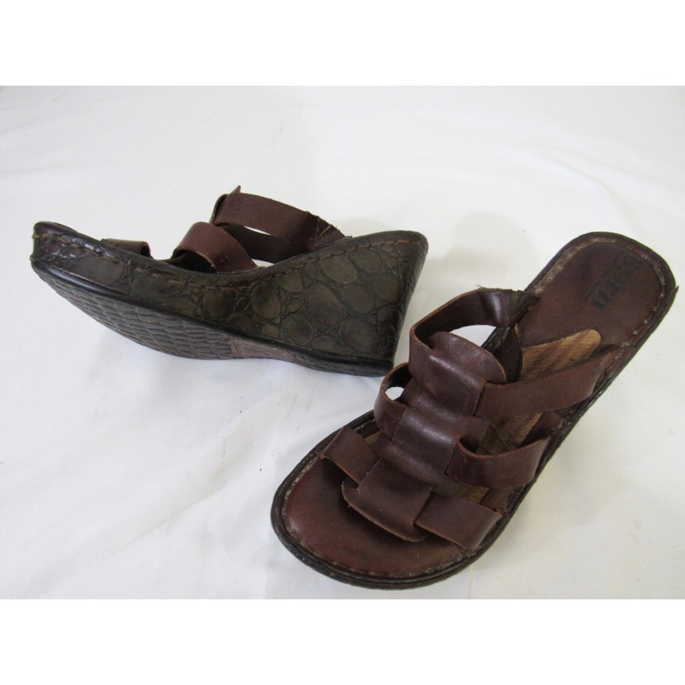 Born Sandals Womens 8 Brown Gator Heel Strappy Caged Wedge‎ Shoes